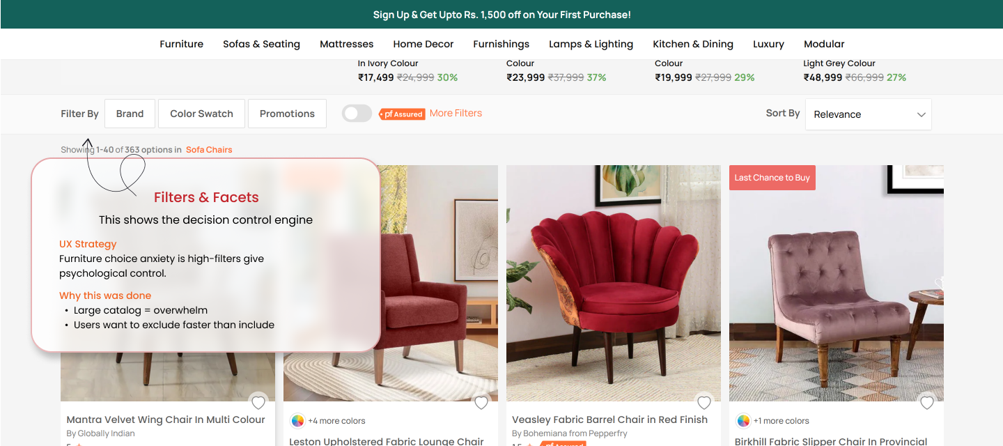Pepperfry filter UX issues